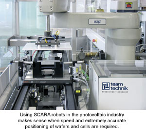 Using SCARA robots in the photovoltaic industry makes sense when speed and extremely accurate positioning of wafers and cells are required.