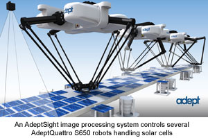 An AdeptSight image processing system controls several AdeptQuattro S650 robots handling solar cells