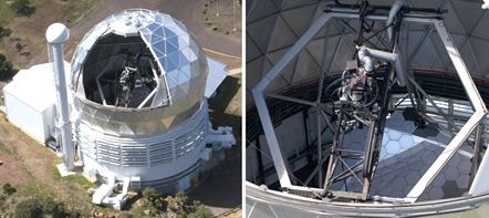The Hobby-Eberly Telescope (left) shown with its dome shutter open. Right is a closeup view of the HET showing the primary mirror and telescope structure that supports the PFIP.