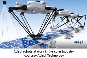 Adept robots at work in the solar industry, courtesy Adept Technology