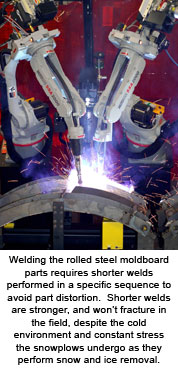 Welding the rolled steel moldboard parts requires shorter welds performed in a specific sequence to avoid part distortion.  Shorter welds are stronger, and won&rsquo;t fracture in the field, despite the cold environment and constant stress the snowplows undergo as they perform snow and ice removal.