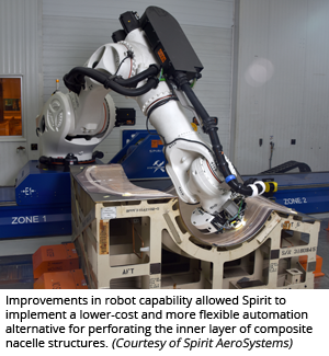 Improvements in robot capability allowed Spirit to implement a lower-cost and more flexible automation alternative for perforating the inner layer of composite nacelle structures. (Courtesy of Spirit AeroSystems)