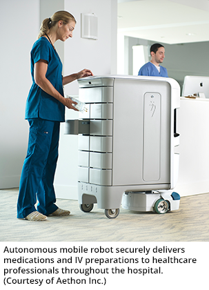 Autonomous mobile robot securely delivers medications and IV preparations to healthcare professionals throughout the hospital. (Courtesy of Aethon Inc.)