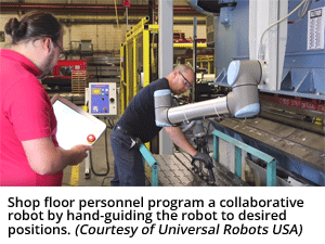 Shop floor personnel program a collaborative robot by hand-guiding the robot to desired positions. (Courtesy of Universal Robots USA Inc.)