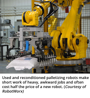 Used and reconditioned palletizing robots make short work of heavy, awkward jobs and often cost half the price of a new robot. (Courtesy of RobotWorx)