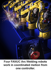 Four FANUC Arc Welding robots work in coordinated motion from one controller.