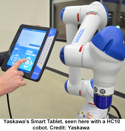 Yaskawa's Smart Tablet, seen here with a HC10 cobot. Credit: Yaskawa