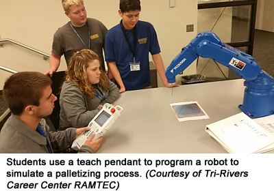Students use a teach pendant to program a robot to simulate a palletizing process. (Courtesy of Tri-Rivers Career Center RAMTEC)